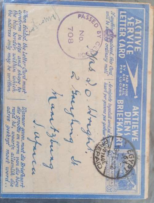 1941 Union of South Africa prepaid used in Egypt. Censor cachet.