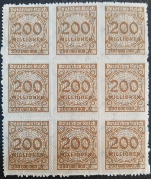 1923 German Reich block of 9 x 200mil Mark. Mint no hinge, waffle watermark and zigzag roulette.