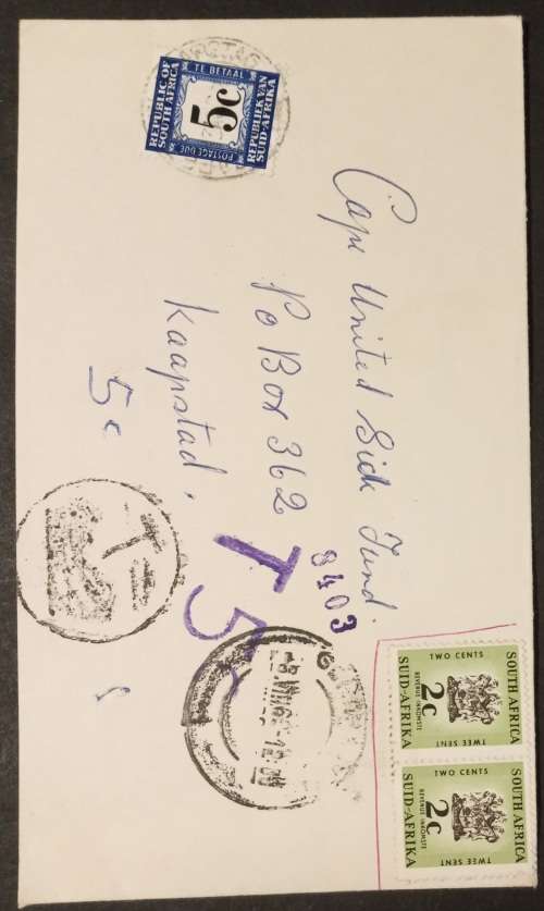 1967 RSA cover, attempted postage with revenue stamps, accordingly taxed.