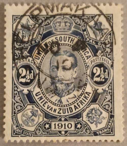 1910 Union SA first stamp 2 1/2d with first day cancel at Helpmakaar.