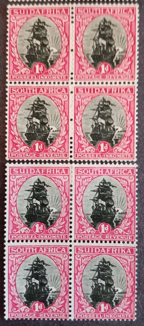 1930 Union of South Africa Rotos 2 blocks of 4 x 1d in carmine and scarce rose Catalogue R2100