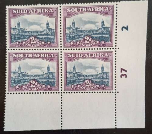 1947 Union of South Africa plate block of 4 x 2d with extra cloud variety.