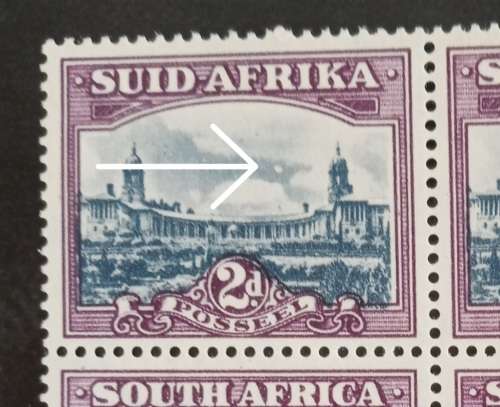 1947 Union of South Africa plate block of 4 x 2d with extra cloud variety.