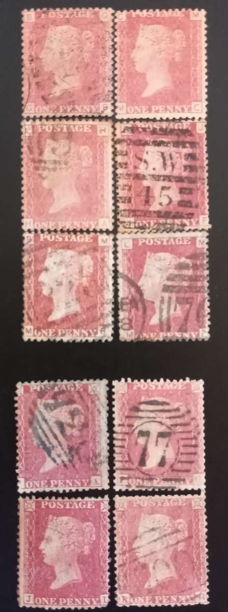 1854 - 1858 Great Britain Penny reds. 6 x 4 letter and 4 x 2 letter. Unplated.