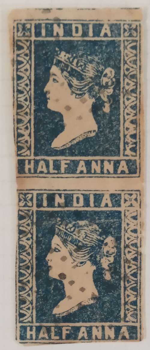 1854 India QV half anna die III deep blue, scarce vertical pair fine used CV R6000
