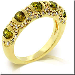 14kt GOLD WITH HANDSET OLIVE AND CLEAR CZ,s ACROSS THE TOP OF THE SHANK RING SIZE 7