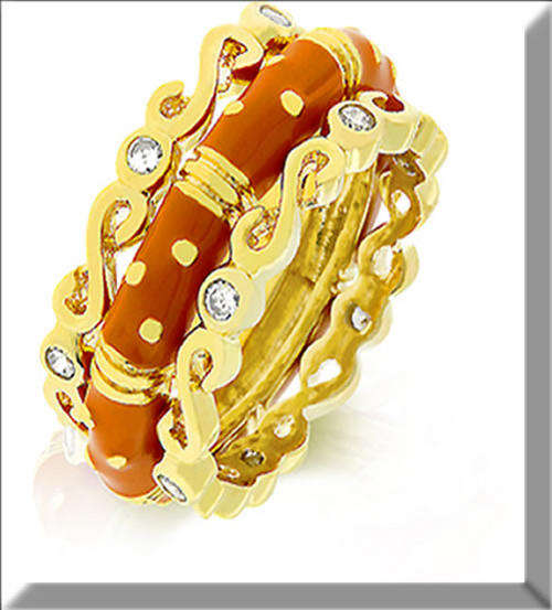 14kt GOLD PLATED TRIPLET RING WITH ORANGE ETERNITY BAND & 2 SEPERATE ETERNITY GOLDTONE BANDS SIZE 7