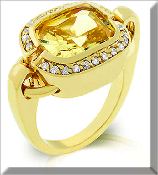 14kt GOLD BONDED BEZEL SET JONQUIL CHUSION CUT WITH CLEAR CZ RING SIZE 7