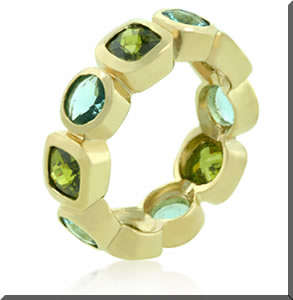 14k GOLD BONDED ETERNITY WITH ASSCHER CUT AND ROUND OLIVE AND AQUA CZ RING SIZE  7