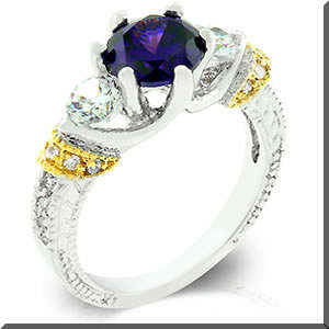 WHITE GOLD RHODIUM AND 14kt GOLD BONDED WITH ROUND AMETHYST AND ROUND WHITE CZ RING SIZE 7
