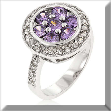 WHITE GOLD RHODIUM PLATED AMETHYST CZ CENTER RING SIZE 9