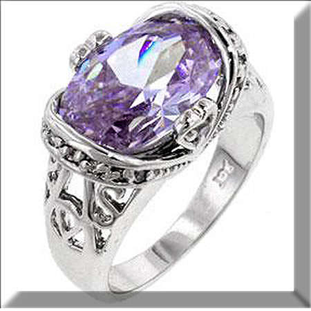 RHODIUM PLATED AMETHYST / WHITE/CLEAR CZ RING SIZE 8