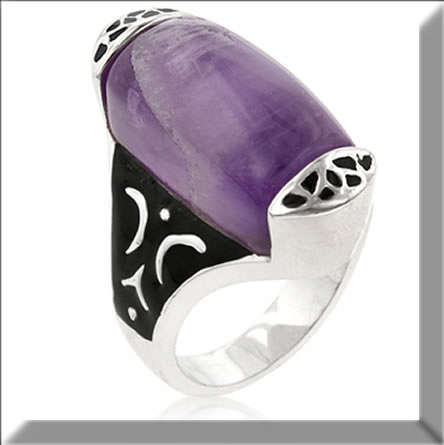 WHITE GOLD RHODIUM AMETHYST STONE WITH BLACK ENAMEL ACCENTS RING SIZE 9