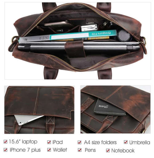 15 Inch Full Grain Leather Briefcase, Messenger Bag, Fits Mac book, Laptop, iPad, Mobile Phone