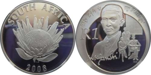 2008 Mahatma Gandhi Commemorative Protea Proof Silver R1 Coin