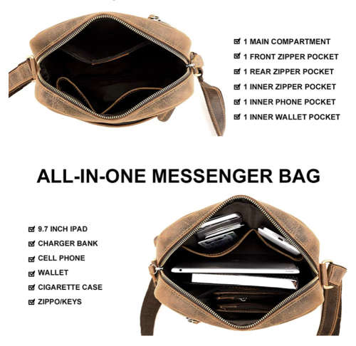 Full Grain Leather All In One Messenger Bag - Fits A4 Books and Most Tablets and iPads