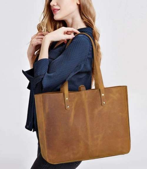 Full Grain Leather Classic Tote Handbag, Shoulder Bag - Toffee & Black Colour Available