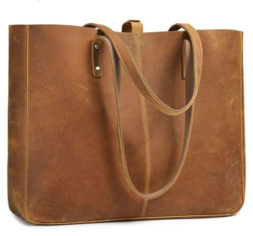 Full Grain Leather Classic Tote Handbag, Shoulder Bag - Toffee & Black Colour Available