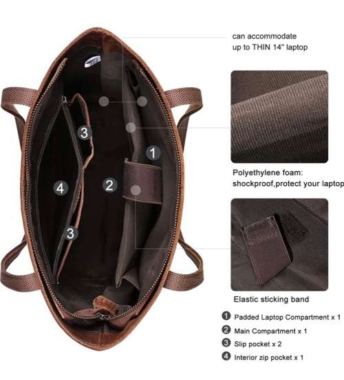 Women Genuine Leather Shoulder Tote Bag Purse Large Handbag - Carries up to 14 Inch Laptop