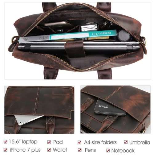 15 Inch Full Grain Leather Briefcase, Messenger Bag, Fits Mac book, Laptop, iPad, Mobile Phone