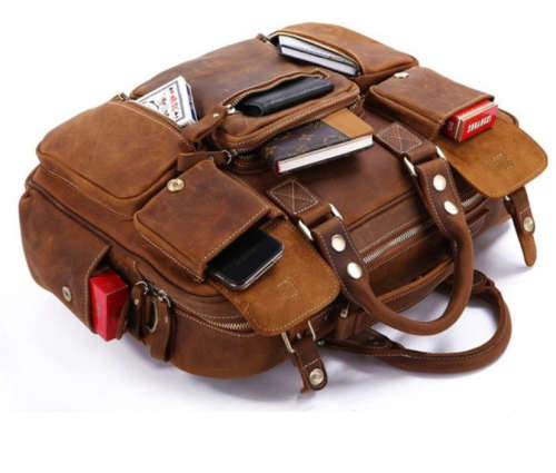 Multi Pocket 15 Inch Full Grain Leather Briefcase, Messenger Bag, Fits Mac book, Laptop