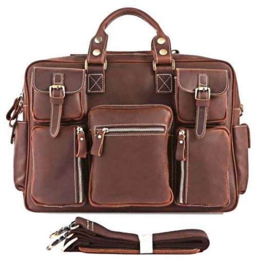 Multi Pocket 15 Inch Full Grain Leather Briefcase, Messenger Bag, Fits Mac book, Laptop
