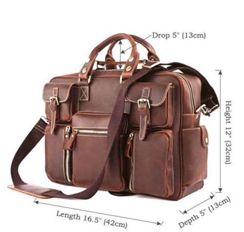 Multi Pocket 15 Inch Full Grain Leather Briefcase, Messenger Bag, Fits Mac book, Laptop