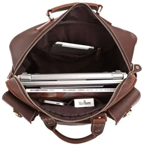 Multi Pocket 15 Inch Full Grain Leather Briefcase, Messenger Bag, Fits Mac book, Laptop