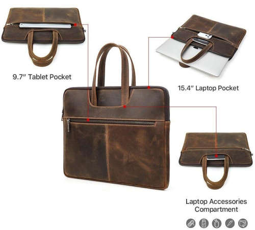 15 Inch Full Grain Leather Slim Portfolio, Fits Mac book, Laptop, iPad, Mobile Phone