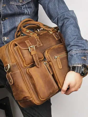 Multi Pocket 15 Inch Full Grain Leather Briefcase, Messenger Bag, Fits Mac book, Laptop