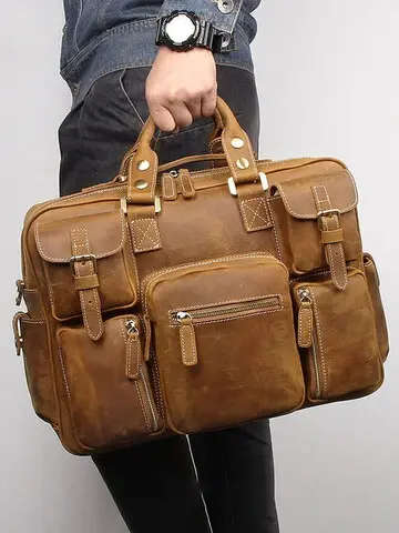 Multi Pocket 15 Inch Full Grain Leather Briefcase, Messenger Bag, Fits Mac book, Laptop