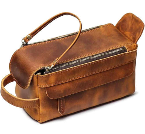 Premium Full Grain Leather Toiletry Bag - Unisex Cosmetic and Makeup Organizer