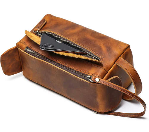 Premium Full Grain Leather Toiletry Bag - Unisex Cosmetic and Makeup Organizer