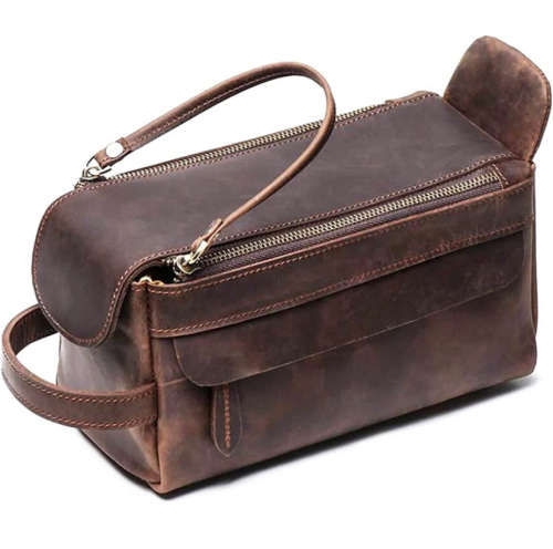 Premium Full Grain Leather Toiletry Bag - Unisex Cosmetic and Makeup Organizer