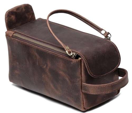Premium Full Grain Leather Toiletry Bag - Unisex Cosmetic and Makeup Organizer