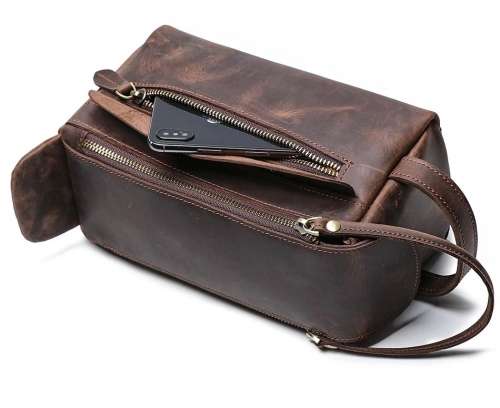 Premium Full Grain Leather Toiletry Bag - Unisex Cosmetic and Makeup Organizer