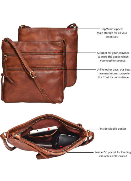 100% Full Grain Leather Cross Body Sling Handbag for Women