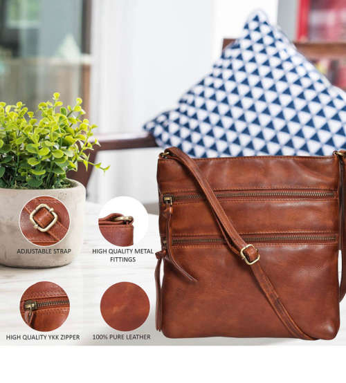 100% Full Grain Leather Cross Body Sling Handbag for Women