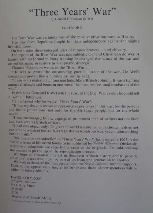 Three Years War Christiaan Rudolf de Wet - Scripta Africana Series Limited Edition Copy 201/1000