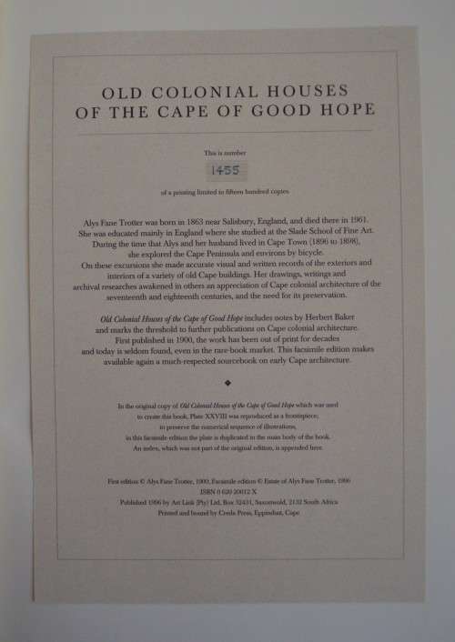 Old Colonial Hoses of the Cape of Good Hope - Limited Edition 1455/1500  Alys Fane Trotter