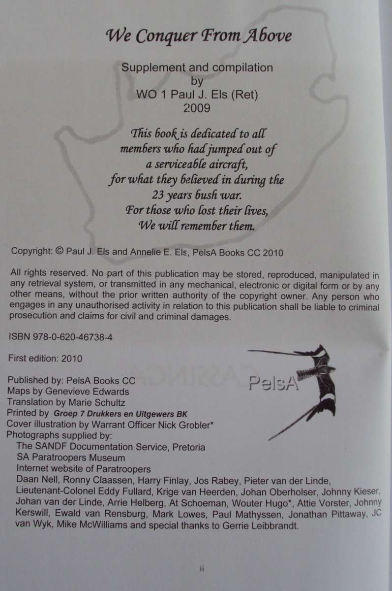 We Conquer From Above History of the Parachute Brigade 1961  1991 P J Els Signed by the author