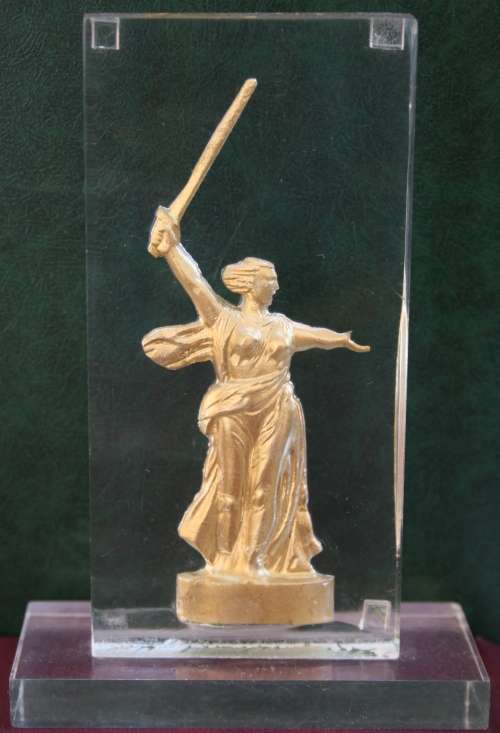 SMALL RUSSIAN STATUE OF THE MOTHERLAND CALLS. Perspex made.