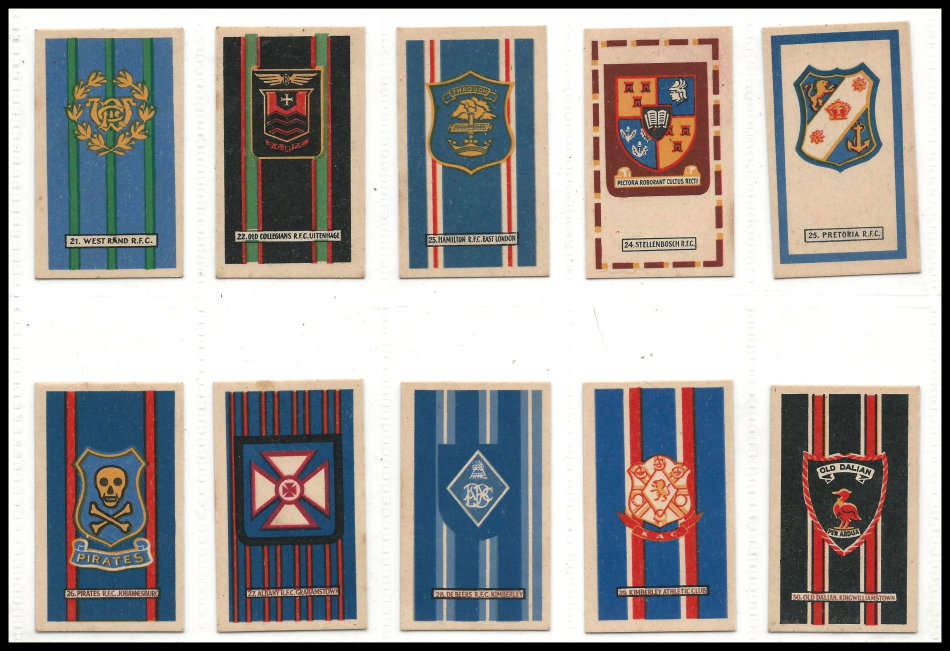 COMPLETE SET  of 50! (only 10 shown). Badges of South African Rugby Football Clubs.  Cigarette cards