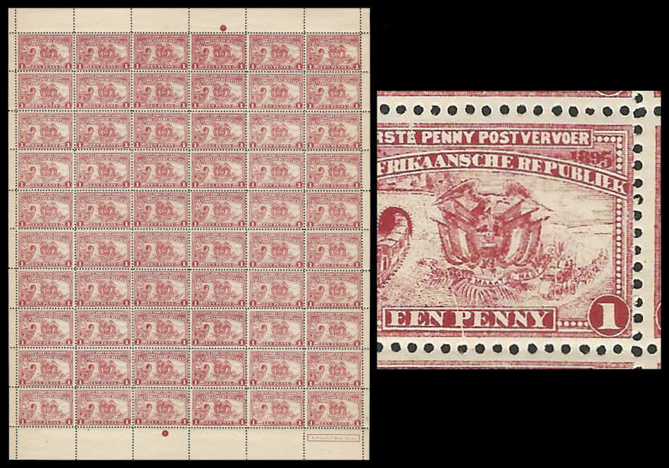 CRACKED PLATE variety in a COMPLETE SHEET.  Superb unmounted mint. Transvaal.