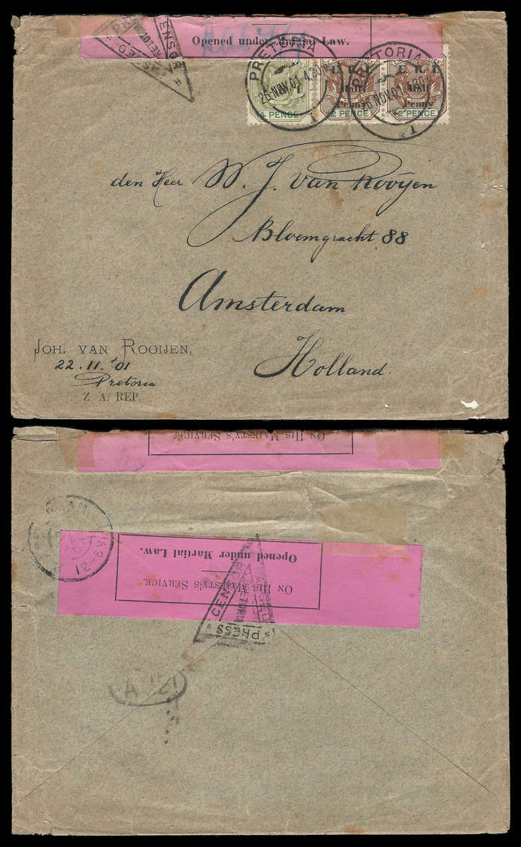 ANGLO BOER WAR.  1901 Censored cover from Transvaal to the Netherlands.