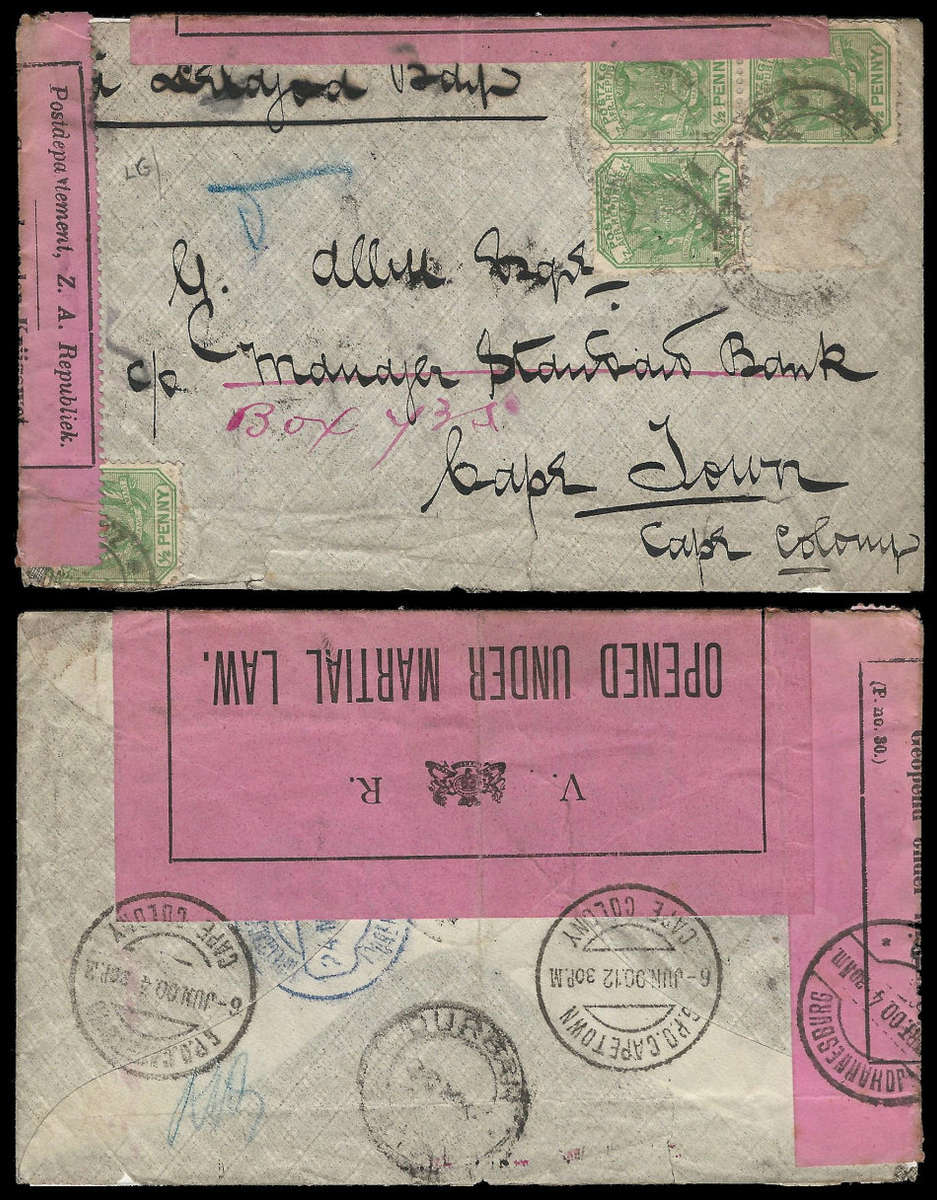 Anglo Boer War.  1900 Censored cover from Johannesburg to Cape Town