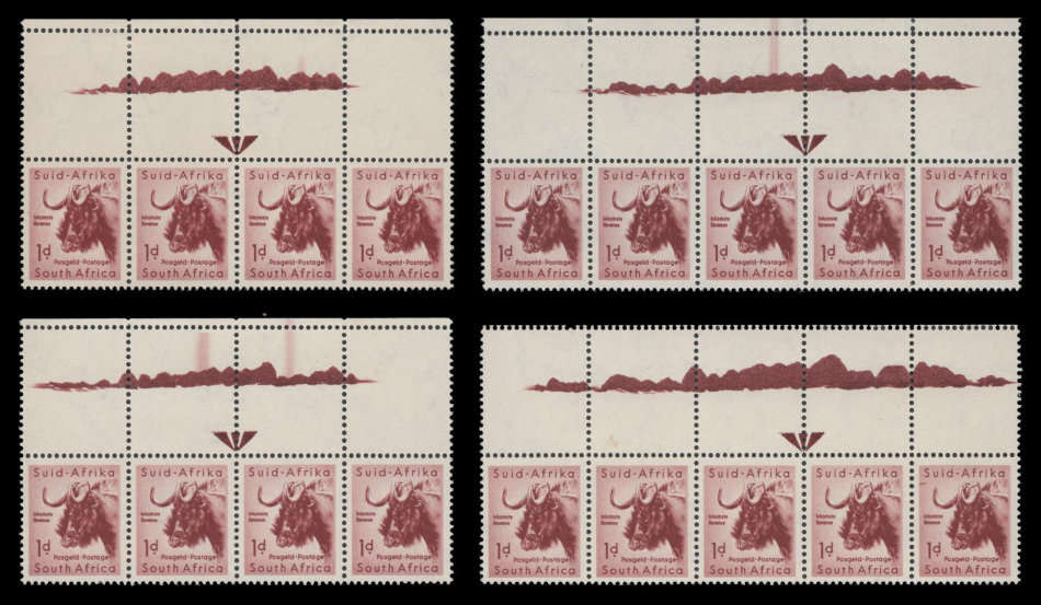 Union of South Africa.  4 stages of the DRAKENSBERG FLAW  Very fine,  mounted in margins only.