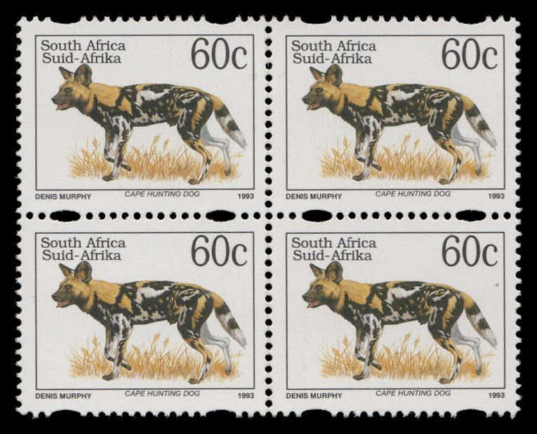 South Africa. 60c Cape Hunting Dog with RAISED INSCRIPTION in a block of 4.  Superb unmounted mint.