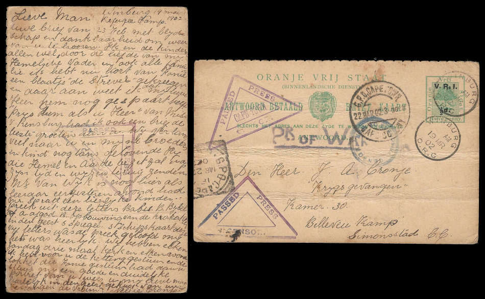 Anglo Boer War. Postcard from Concentration Camp to Prisoner of War Camp. Orange River Colony / Cape