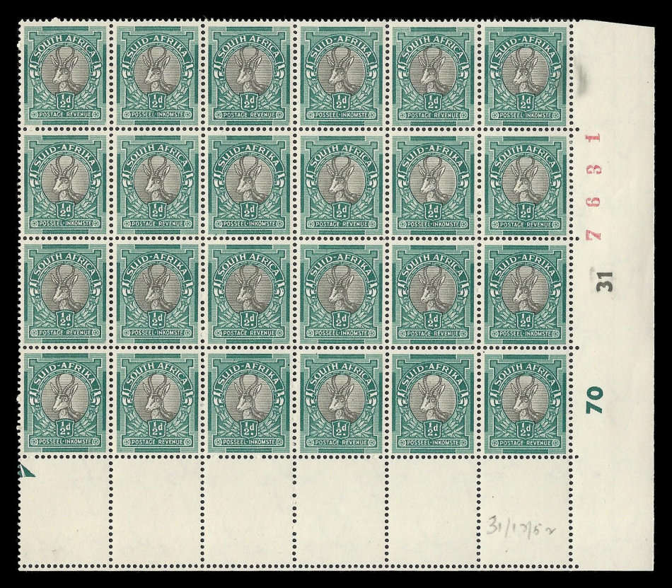Union of South Africa.  ½d Control / Sheet number block of 24.